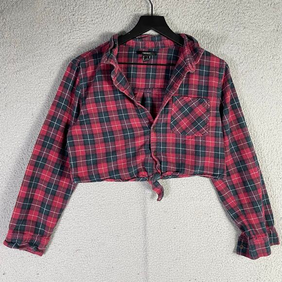 Forever 21 Plaid Flannel Button Front Long Sleeve Crop Tie Shirt Red L - Picture 9 of 9